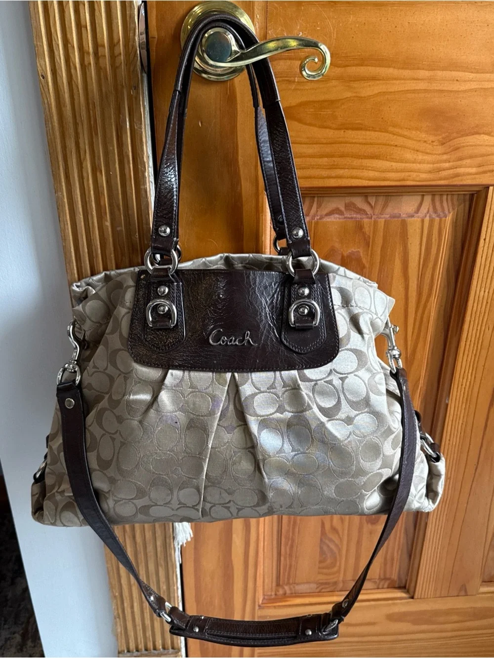 Coach Beige Signature Tote with Dark Brown Leather Trim